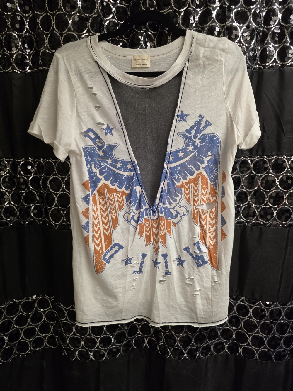 emory park White Distressed Eagle Graphic Deep-V Tee with Blue & Orange